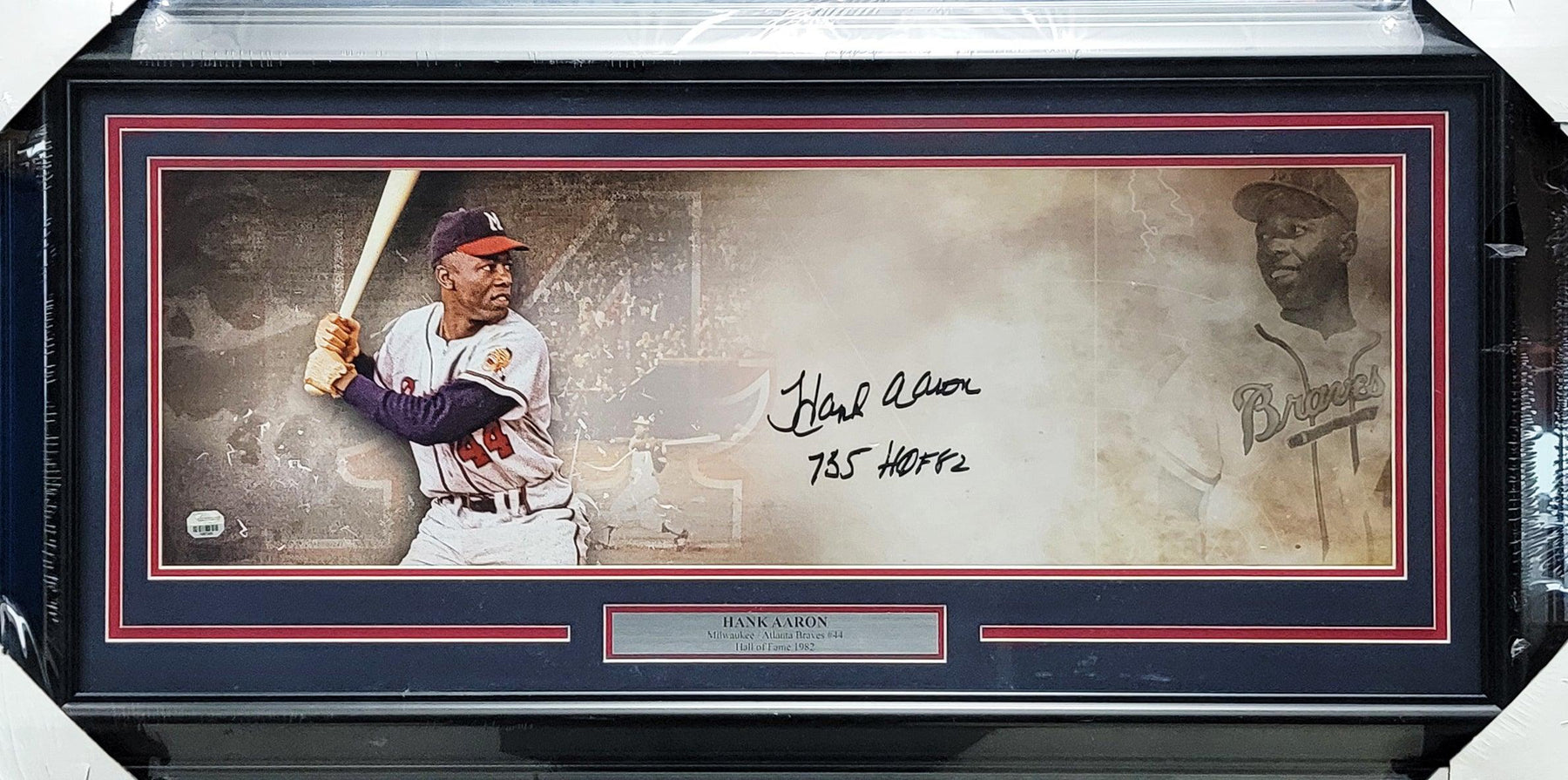 Hank Aaron Autographed Framed 10x30 Panoramic Photo Milwaukee Braves "755 HOF 82" Fanatics Holo #1087385 - RSA