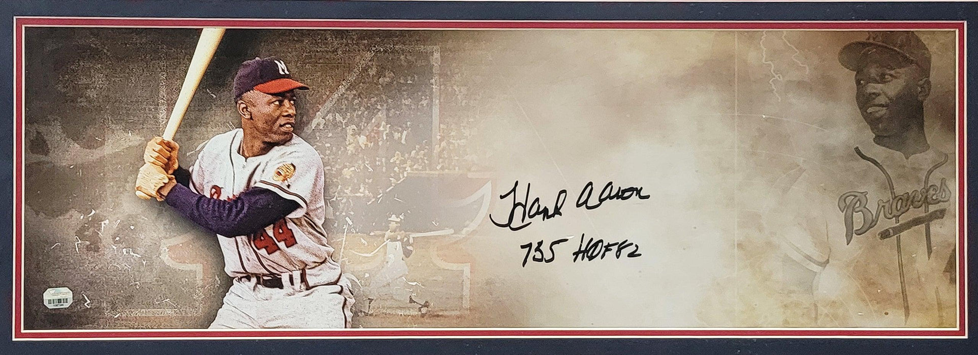 Hank Aaron Autographed Framed 10x30 Panoramic Photo Milwaukee Braves "755 HOF 82" Fanatics Holo #1087385 - RSA
