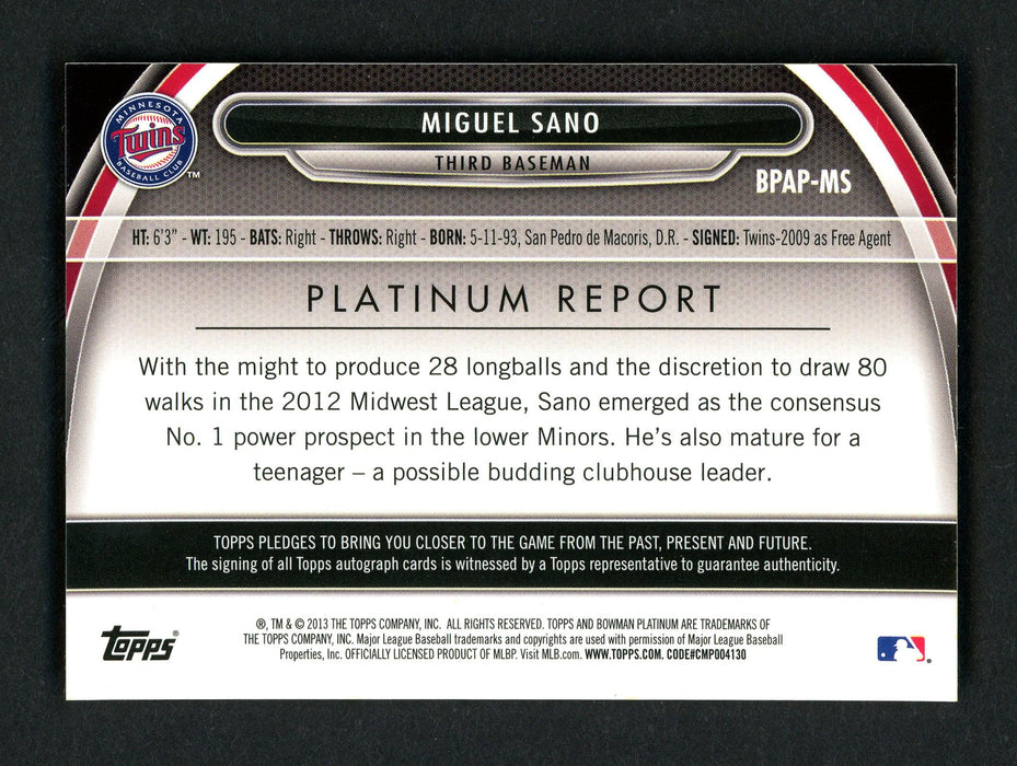 Miguel Sano Autographed 2013 Bowman Platinum Rookie Card #BPAP-MS Minnesota Twins #21/50 SKU #156843 - RSA