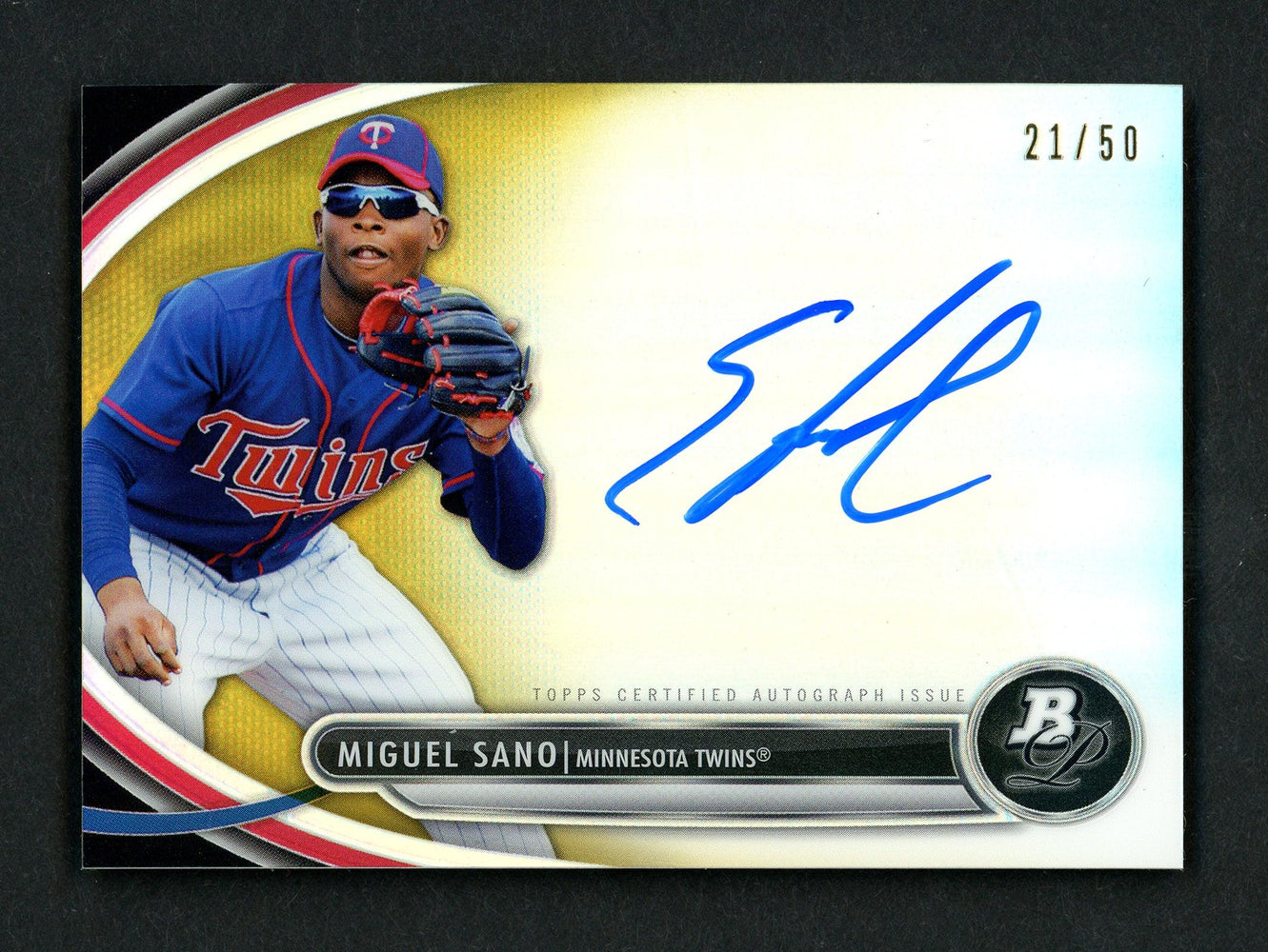 Miguel Sano Autographed 2013 Bowman Platinum Rookie Card #BPAP-MS Minnesota Twins #21/50 SKU #156843 - RSA