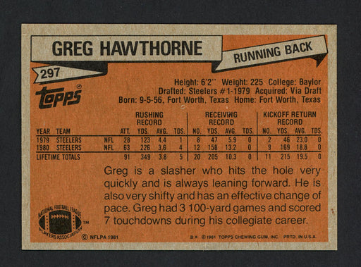 Greg Hawthorne Autographed 1981 Topps Rookie Card #297 Pittsburgh Steelers SKU #160275 - RSA
