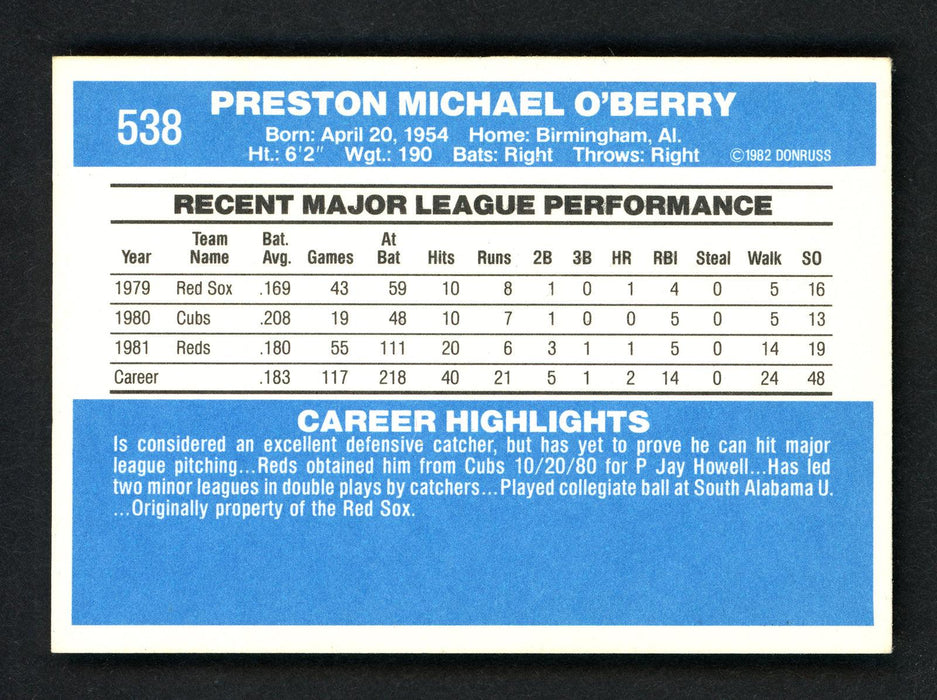 Mike O'Berry Autographed 1982 Donruss Card #538 Cincinnati Reds SKU # 158525 - RSA