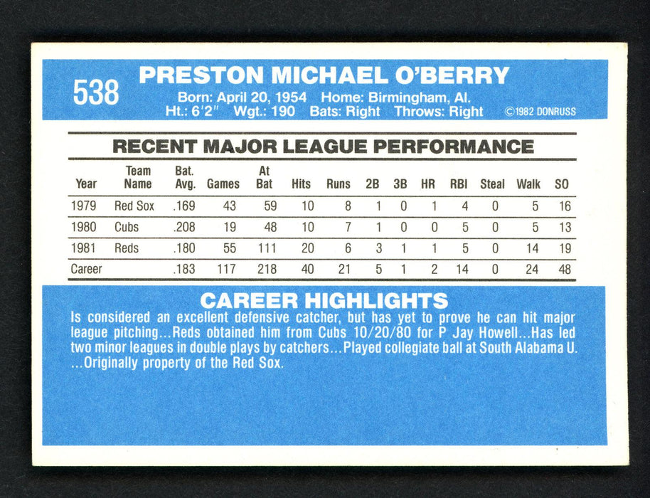 Mike O'Berry Autographed 1982 Donruss Card #538 Cincinnati Reds SKU # 158526 - RSA