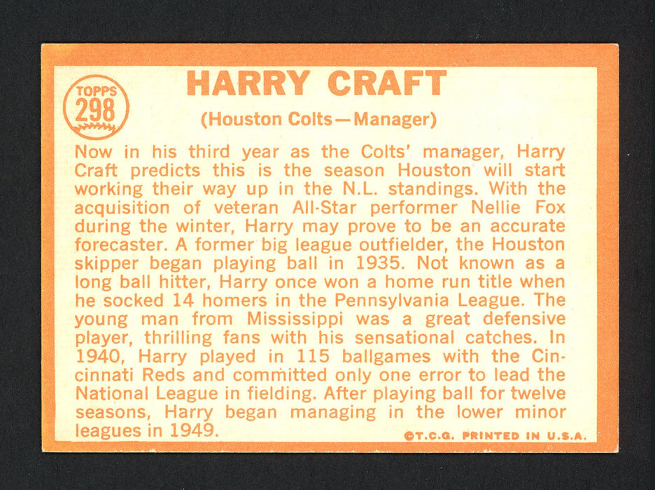 Harry Craft Autographed 1964 Topps Card #298 Houston Colt .45's SKU #162274 - RSA