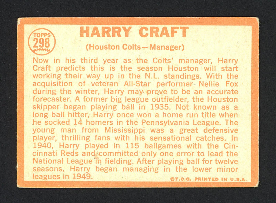 Harry Craft Autographed 1964 Topps Card #298 Houston Colt .45's SKU #162275 - RSA
