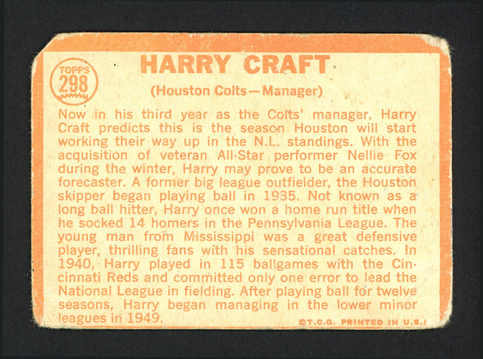Harry Craft Autographed 1964 Topps Card #298 Houston Colt .45's (Creases) SKU #162276 - RSA