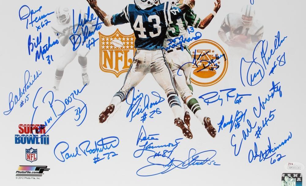 1969 new york jets super bowl iii team signed signed 16x20 24 signature white photo jsa 69jetscover zoomed in