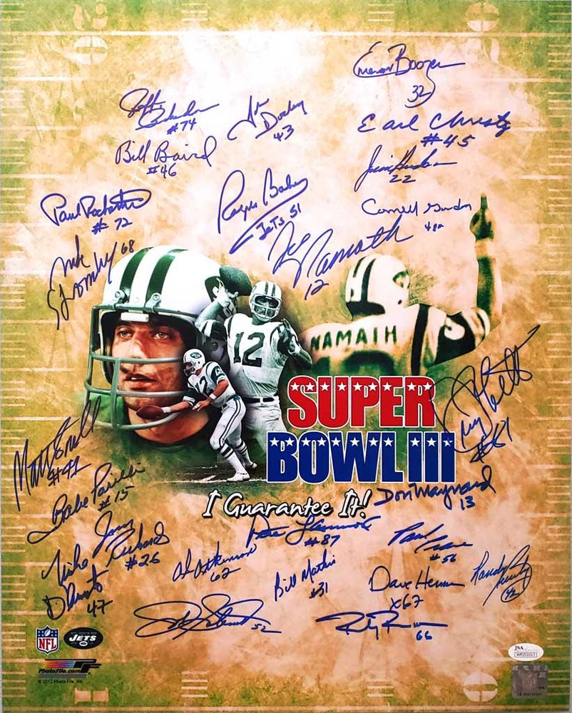 1969 new york jets super bowl iii team signed signed 16x20 24 signature field photo jsa 69jetsfield certificate of authenticity