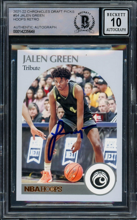 Jalen Green Autographed 2021-22 Hoops Tribute Rookie Card #54 Houston Rockets Auto Grade Gem Mint 10 Beckett BAS #14235648 - RSA