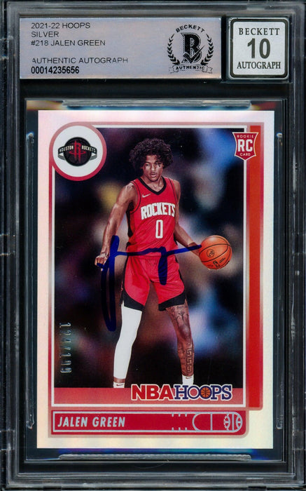 Jalen Green Autographed 2021-22 NBA Hoops Silver Rookie Card #218 Houston Rockets Auto Grade Gem Mint 10 #124/199 Beckett BAS #14235656 - RSA