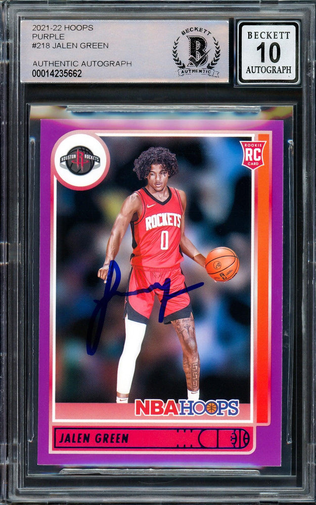 Jalen Green Autographed 2021-22 NBA Hoops Purple Rookie Card #218 Houston Rockets Auto Grade Gem Mint 10 Beckett BAS Stock #205951 - RSA