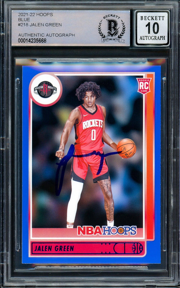 Jalen Green Autographed 2021-22 NBA Hoops Blue Rookie Card #218 Houston Rockets Auto Grade Gem Mint 10 Beckett BAS Stock #205952 - RSA