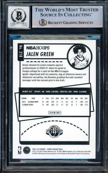 Jalen Green Autographed 2021-22 NBA Hoops Blue Rookie Card #218 Houston Rockets Auto Grade Gem Mint 10 Beckett BAS Stock #205952 - RSA