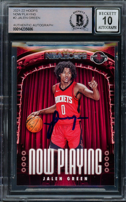 Jalen Green Autographed 2021-22 NBA Hoops Now Playing Rookie Card #2 Houston Rockets Auto Grade Gem Mint 10 Beckett BAS #14235686 - RSA