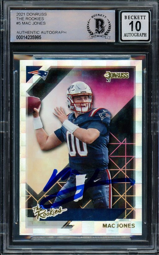 Mac Jones Autographed 2021 Panini Donruss The Rookies Rookie Card #TR-MJO New England Patriots Auto Grade Gem Mint 10 Beckett BAS Stock #205972 - RSA