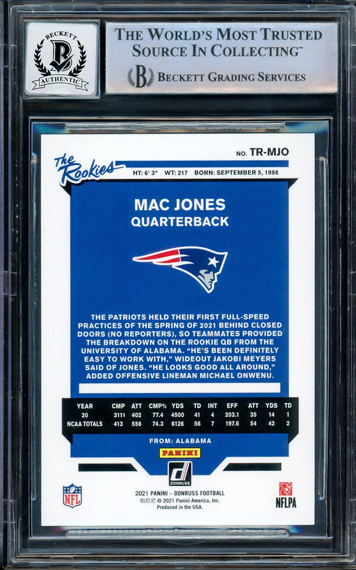 Mac Jones Autographed 2021 Panini Donruss The Rookies Rookie Card #TR-MJO New England Patriots Auto Grade Gem Mint 10 Beckett BAS Stock #205972 - RSA