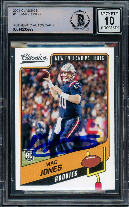 Mac Jones Autographed 2021 Panini Classics Rookie Card #156 New England Patriots Auto Grade Gem Mint 10 Beckett BAS Stock #205976 - RSA