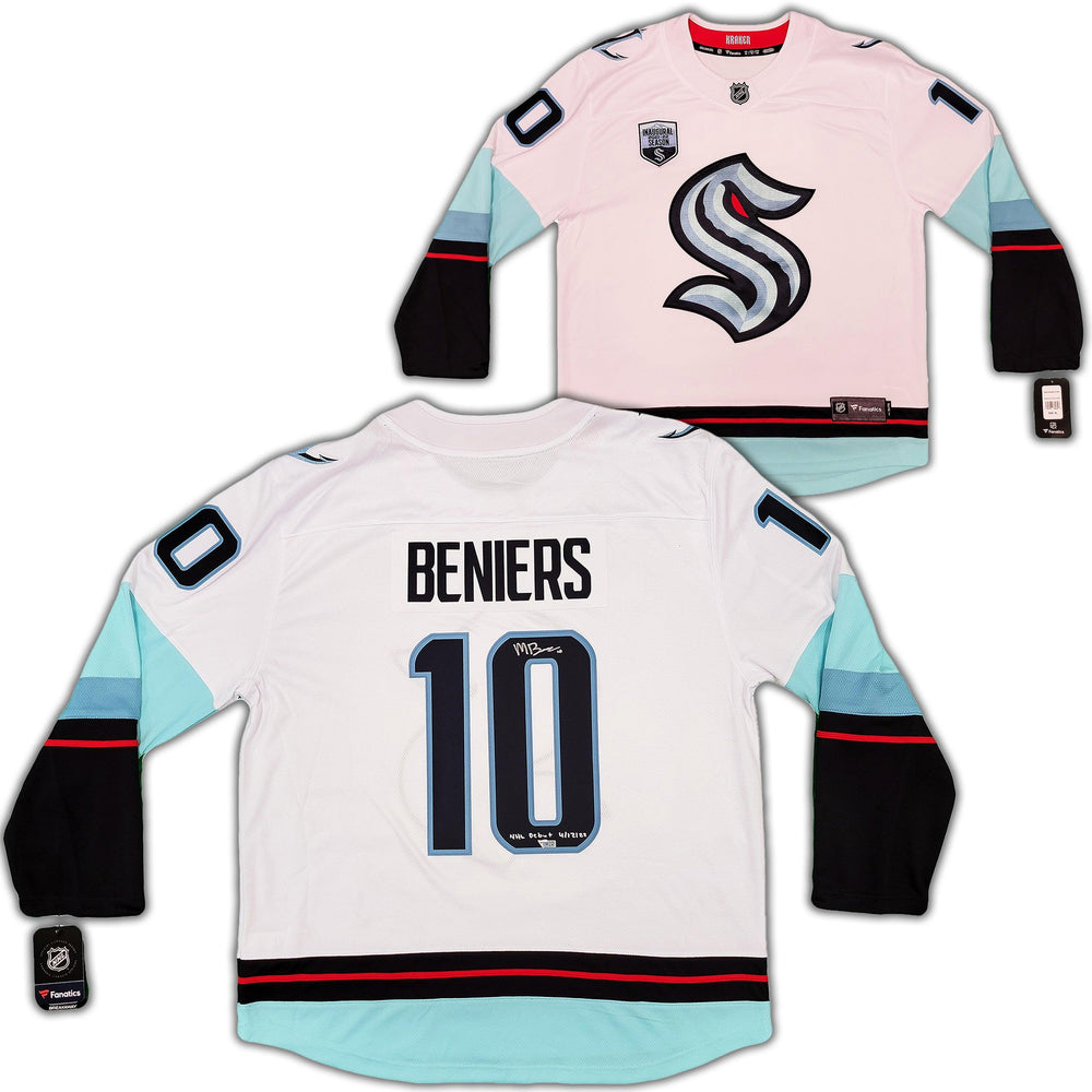 Seattle Kraken Matty Beniers Autographed White Fanatics Jersey Size XL With Inaugural Patch "NHL Debut" Fanatics Holo Stock #206008 - RSA