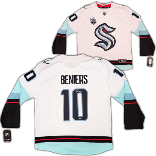 Seattle Kraken Matty Beniers Autographed White Fanatics Jersey Size XL With Inaugural Patch Fanatics Holo Stock #206007 - RSA