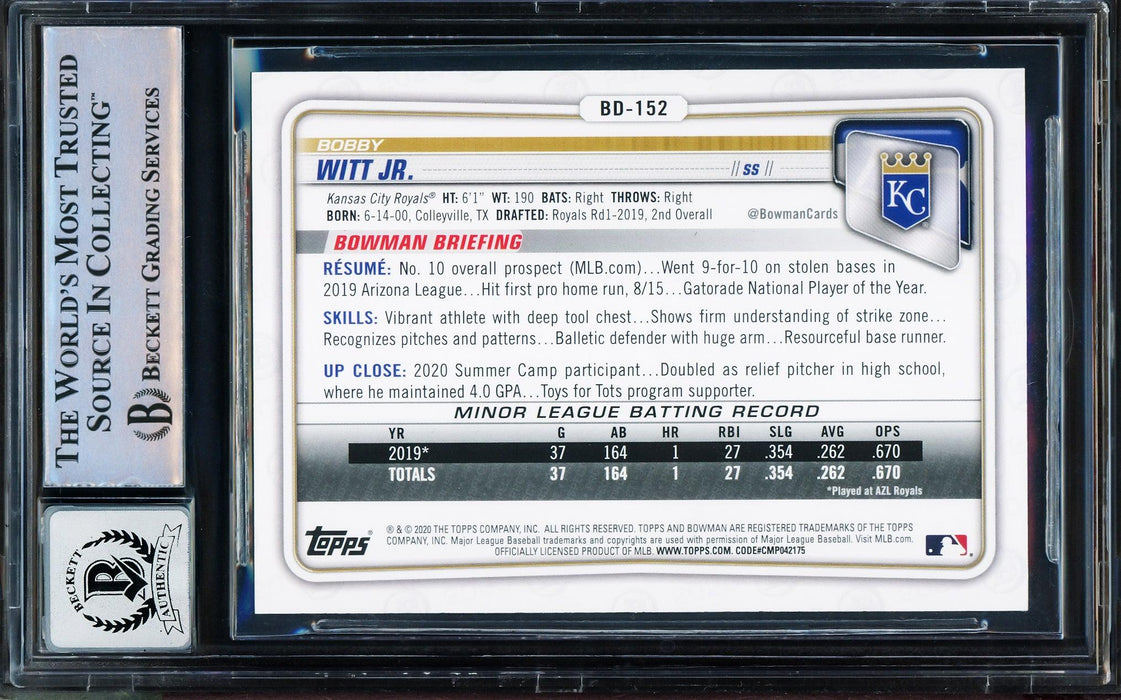 Bobby Witt Jr. Autographed 2020 Bowman Draft Rookie Card #BD-152 Kansas City Royals Auto Grade Gem Mint 10 Beckett BAS Stock #206065 - RSA