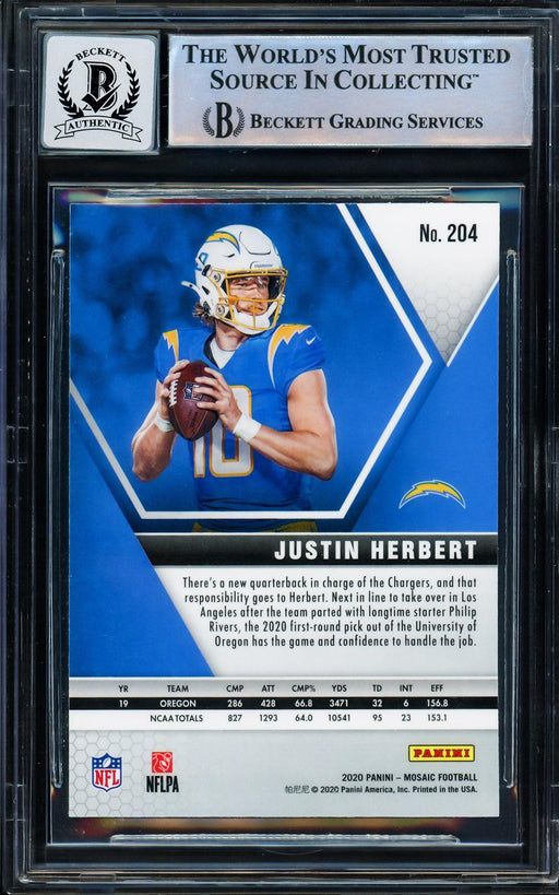 Justin Herbert Autographed 2020 Panini Mosaic Rookie Card #204 Los Angeles Chargers Auto Grade Gem Mint 10 Beckett BAS Stock #206088 - RSA