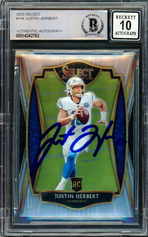 Justin Herbert Autographed 2020 Panini Select Premier Level Rookie Card #144 Los Angeles Chargers Auto Grade Gem Mint 10 Beckett BAS Stock #206095 - RSA