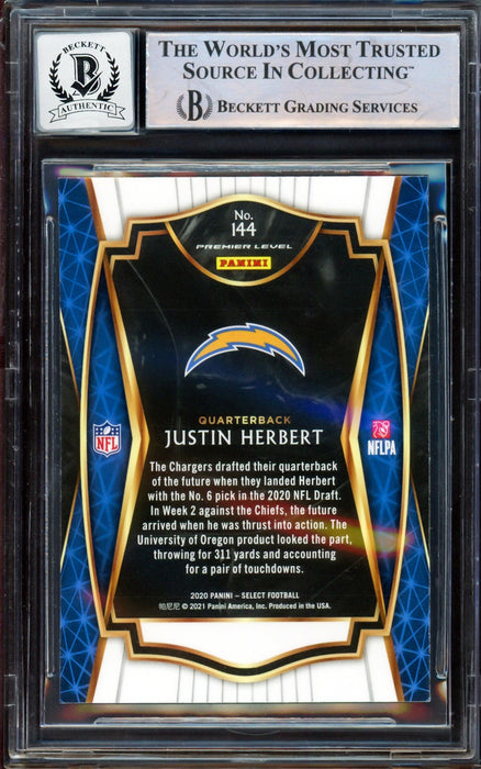 Justin Herbert Autographed 2020 Panini Select Premier Level Rookie Card #144 Los Angeles Chargers Auto Grade Gem Mint 10 Beckett BAS Stock #206095 - RSA