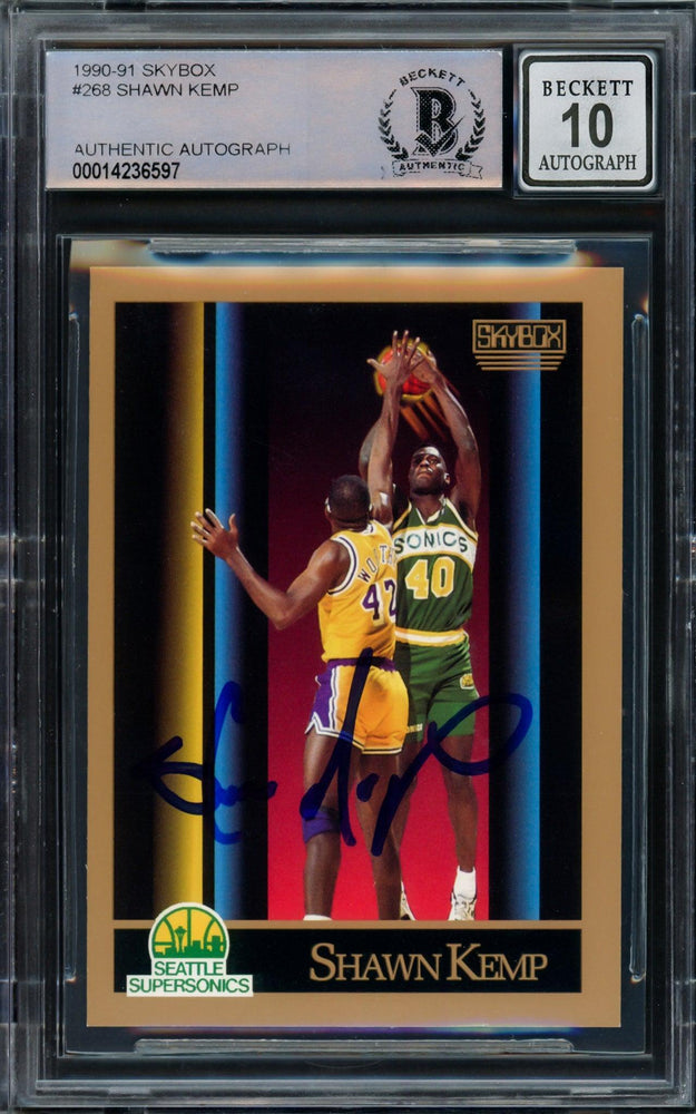 Shawn Kemp Autographed 1990 Skybox Rookie Card #268 Seattle Super Sonics Auto Grade Gem Mint 10 Beckett BAS Stock #206099 - RSA
