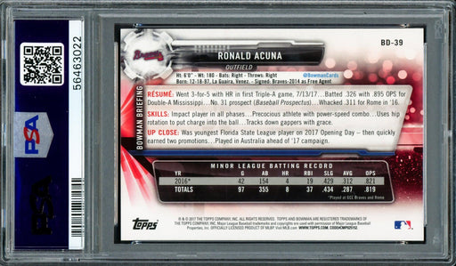 Ronald Acuna Jr. Autographed 2017 Bowman Draft Rookie Card #BD39 Atlanta Braves PSA 10 Auto Grade Mint 9 PSA/DNA #56463022 - RSA
