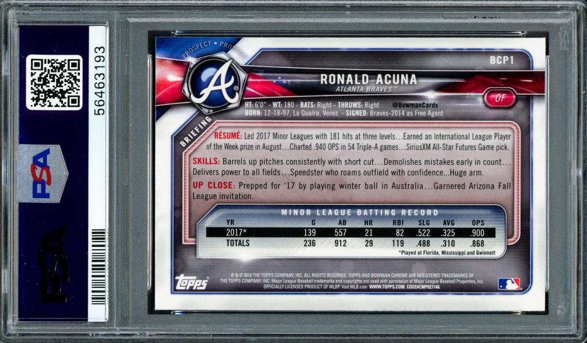 Ronald Acuna Jr. Autographed 2018 Bowman Prospects Chrome Rookie Card #1 Atlanta Braves PSA 9 Auto Grade Mint 9 PSA/DNA #56463193 - RSA