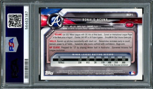Ronald Acuna Jr. Autographed 2018 Bowman Prospects Chrome Rookie Card #1 Atlanta Braves PSA 9 Auto Grade Mint 9 PSA/DNA #56463187 - RSA