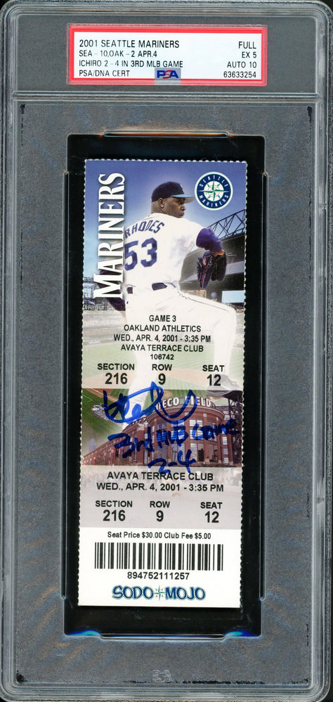 Ichiro Suzuki Autographed 2001 3rd MLB Game Ticket Seattle Mariners PSA 5 Auto Grade Gem Mint 10 "3rd MLB Game 2-4" PSA/DNA #63633254 - RSA
