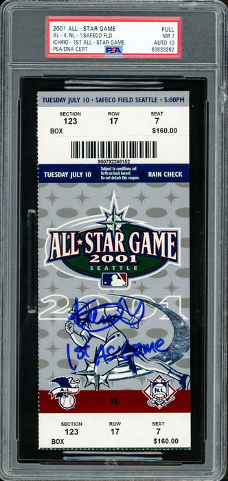 Ichiro Suzuki Autographed 2001 All Star Game Ticket Seattle Mariners PSA 7 Auto Grade Gem Mint 10 "1st AS Game" PSA/DNA #63633262 - RSA