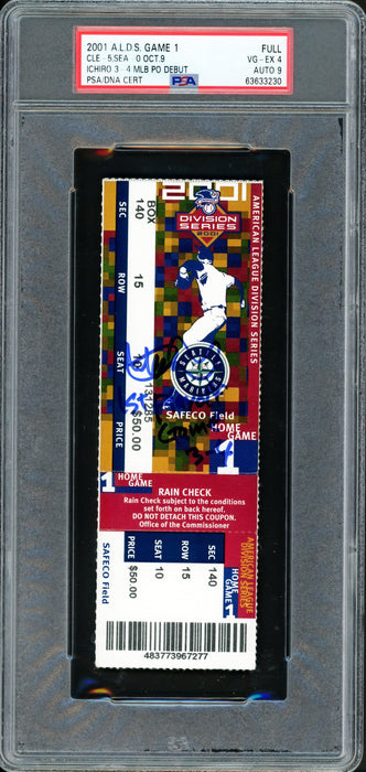 Ichiro Suzuki Autographed 2001 ALDS Game 1 Ticket Seattle Mariners PSA 4 Auto Grade Mint 9 "1st Playoff Game 3-4" PSA/DNA #63633230 - RSA