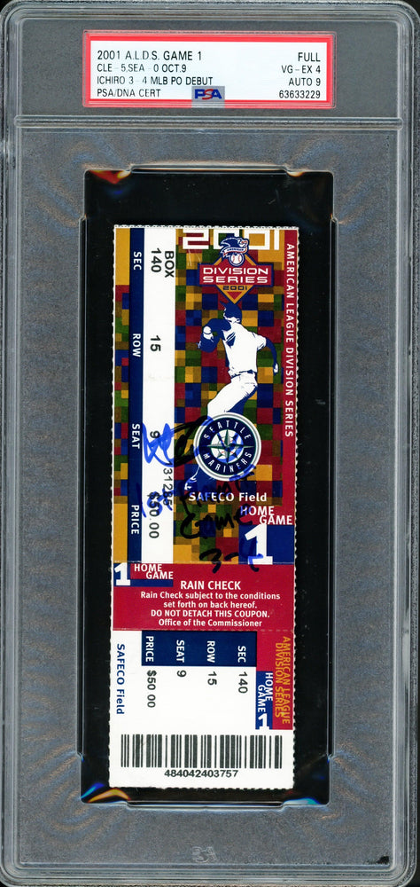 Ichiro Suzuki Autographed 2001 ALDS Game 1 Ticket Seattle Mariners PSA 4 Auto Grade Mint 9 "1st Playoff Game 3-4" PSA/DNA #63633229 - RSA