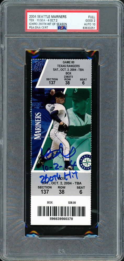 Ichiro Suzuki Autographed 2004 October 2nd Ticket Seattle Mariners PSA 2 Auto Grade Gem Mint 10 "10-2-04 260th Ticket" PSA/DNA #63633251 - RSA