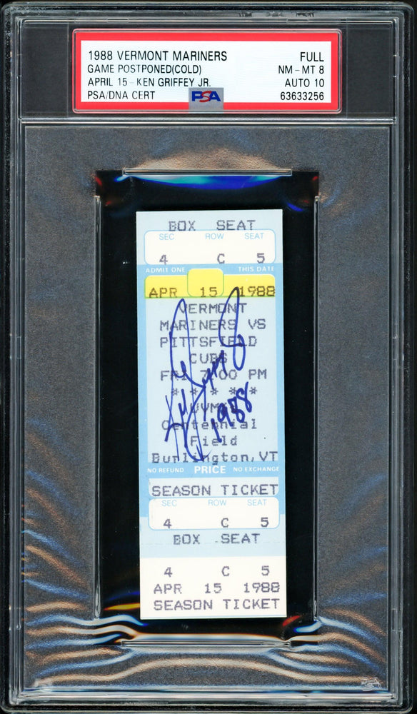 Ken Griffey Jr. Autographed April 15, 1988 Vermont Mariners Ticket Seattle Mariners PSA 8 Auto Grade Gem Mint 10 "1988" PSA/DNA #63633256 - RSA