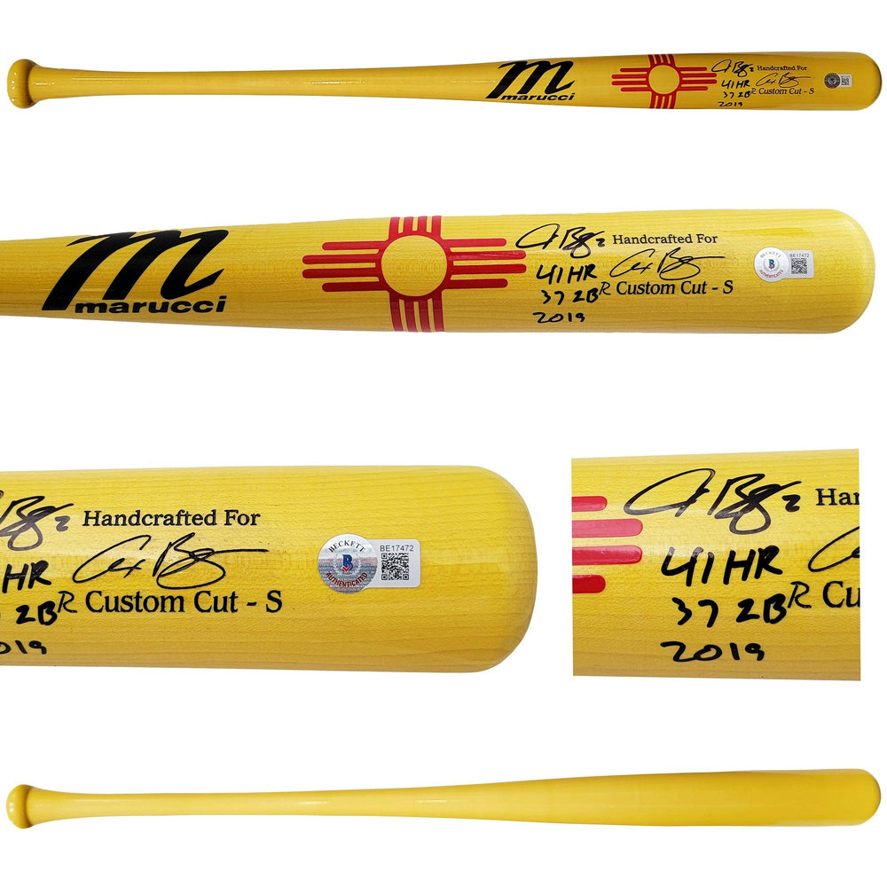 Alex Bregman Autographed Yellow Marucci Game Model Bat Houston Astros "41 HR, 37 2B, 2019" Beckett BAS Stock #206497 - RSA