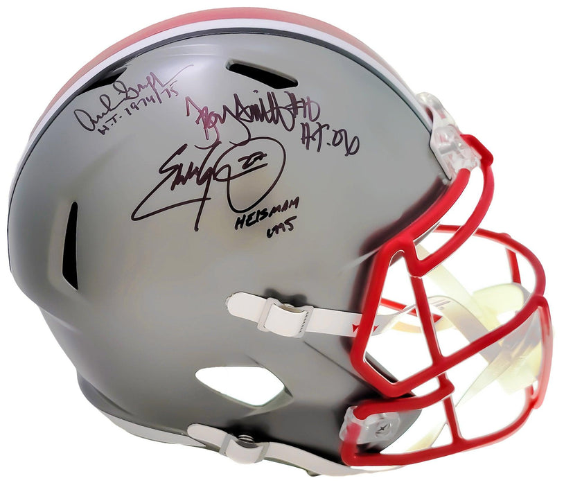 Archie Griffin, Eddie George & Troy Smith Autographed Ohio State Buckeyes Flash Gray Full Size Replica Speed Helmet "Heisman" Beckett BAS QR Stock #203900 - RSA