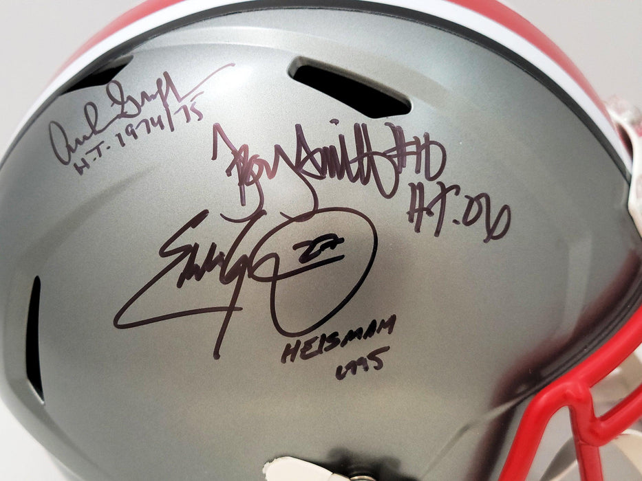 Archie Griffin, Eddie George & Troy Smith Autographed Ohio State Buckeyes Flash Gray Full Size Replica Speed Helmet "Heisman" Beckett BAS QR Stock #203900 - RSA