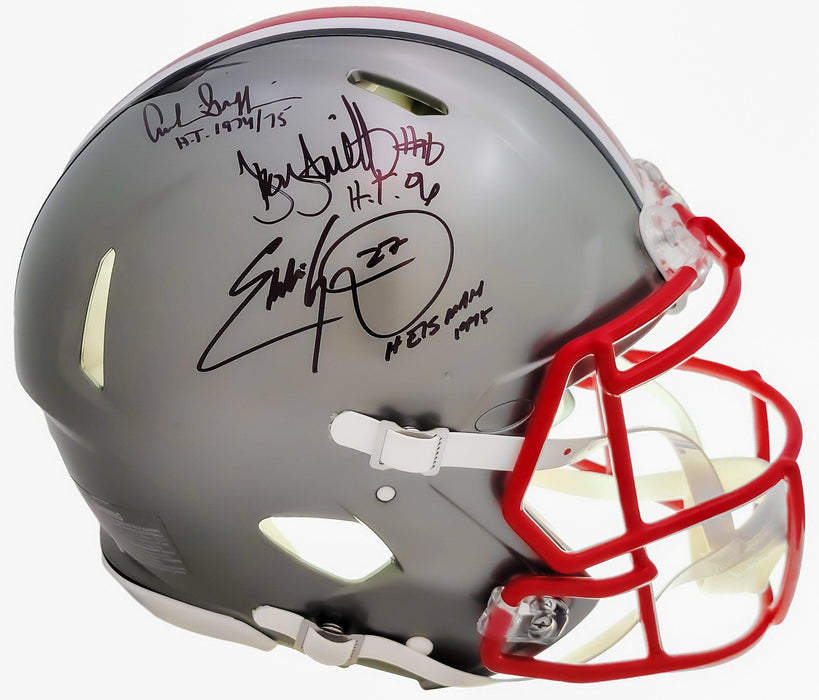 Archie Griffin, Eddie George & Troy Smith Autographed Ohio State Buckeyes Flash Gray Full Size Authentic Speed Helmet "Heisman" Beckett BAS QR Stock #203902 - RSA