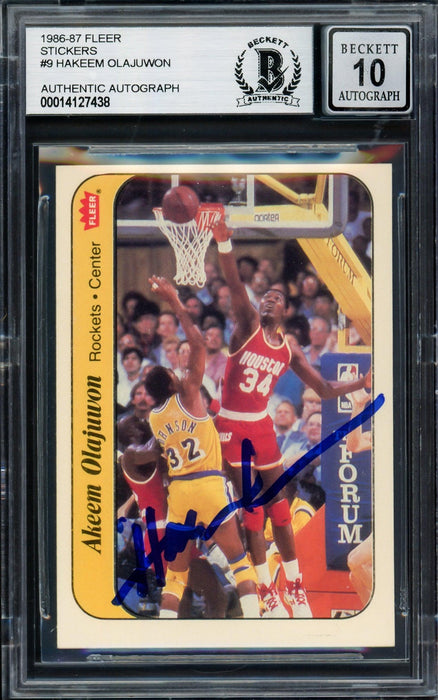Hakeem Olajuwon Autographed 1986-87 Fleer Stickers Rookie Card #9 Houston Rockets Auto Grade Gem Mint 10 Beckett BAS #14127438 - RSA