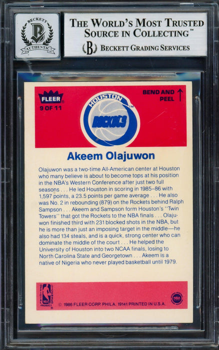 Hakeem Olajuwon Autographed 1986-87 Fleer Stickers Rookie Card #9 Houston Rockets Auto Grade Gem Mint 10 Beckett BAS #14127438 - RSA