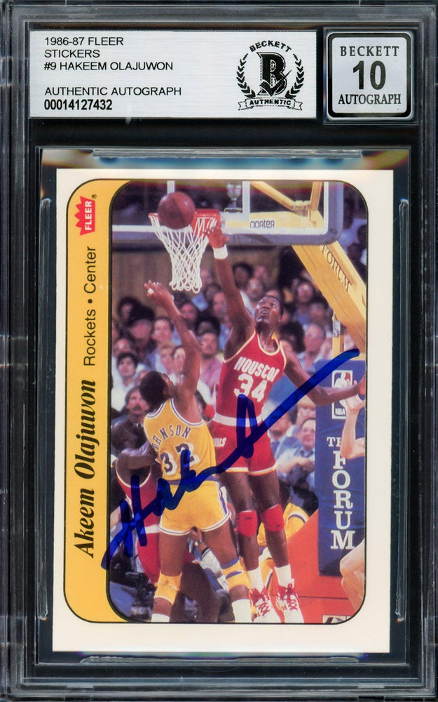 Hakeem Olajuwon Autographed 1986-87 Fleer Stickers Rookie Card #9 Houston Rockets Auto Grade Gem Mint 10 Beckett BAS #14127432 - RSA