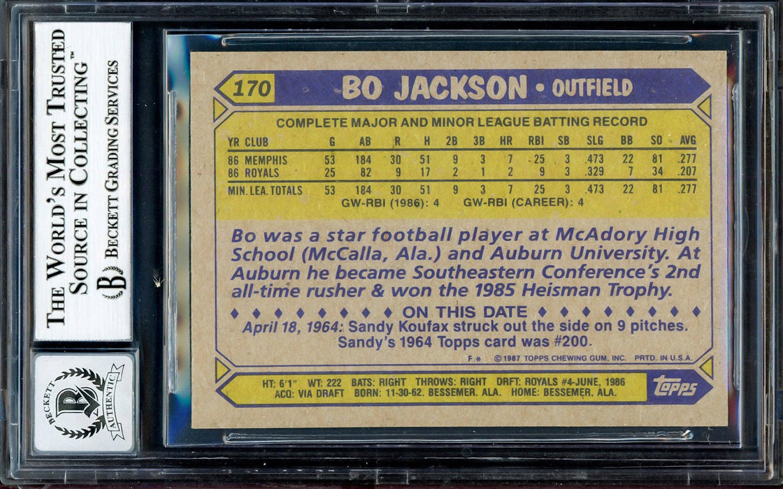 Bo Jackson Autographed 1987 Topps Rookie Card #170 Kansas City Royals Auto Grade Gem Mint 10 Beckett BAS Stock #205727 - RSA
