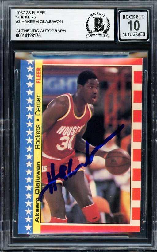 Hakeem Olajuwon Autographed 1987-88 Fleer Stickers Card #3 Houston Rockets Auto Grade Gem Mint 10 Beckett BAS Stock #205733 - RSA