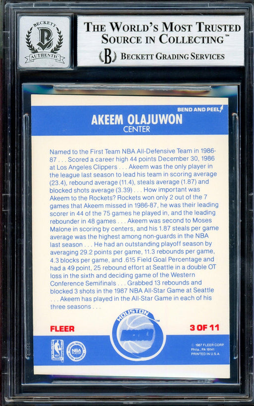 Hakeem Olajuwon Autographed 1987-88 Fleer Stickers Card #3 Houston Rockets Auto Grade Gem Mint 10 Beckett BAS Stock #205733 - RSA