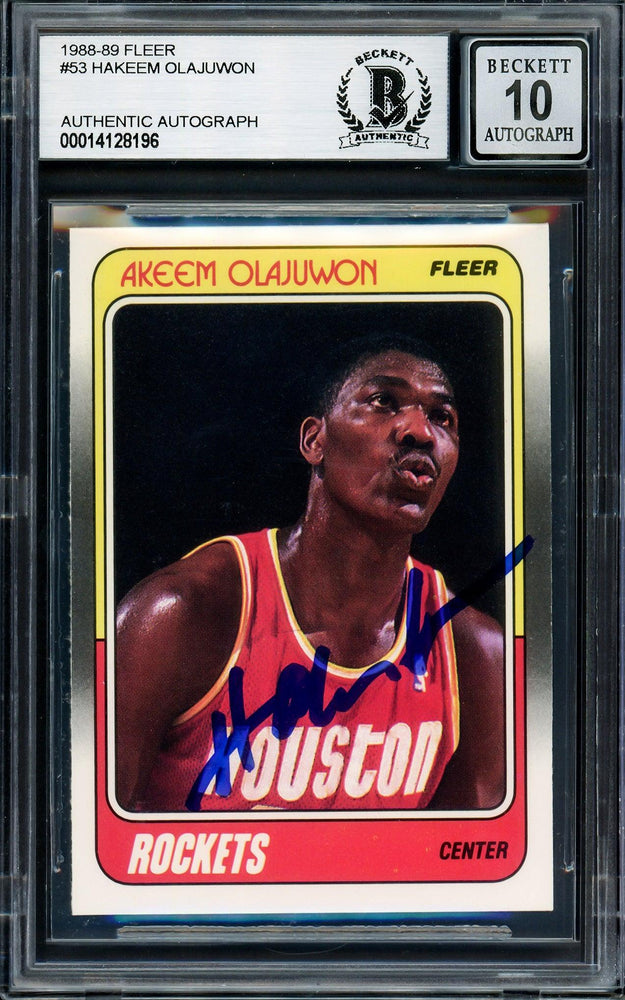 rare hakeem olajuwon cards Hakeem Olajuwon Autographed 1988-89 Fleer Card #53 Houston Rockets Aut — RSA