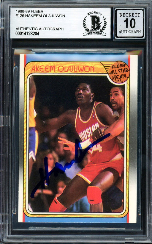 Hakeem Olajuwon Autographed 1988-89 Fleer All Star Card #126 Houston Rockets Auto Grade Gem Mint 10 Beckett BAS Stock #205737 - RSA