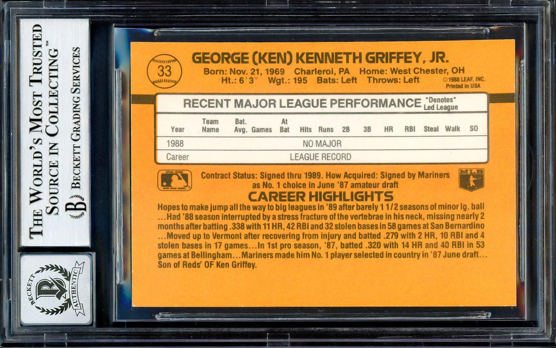 Ken Griffey Jr. Autographed 1989 Donruss Rookie Card #33 Seattle Mariners Auto Grade Gem Mint 10 Beckett BAS Stock #205738 - RSA